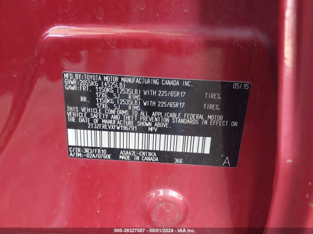 Toyota RAV4 LE 2015 2T3ZFREVXFW196791 Image 9