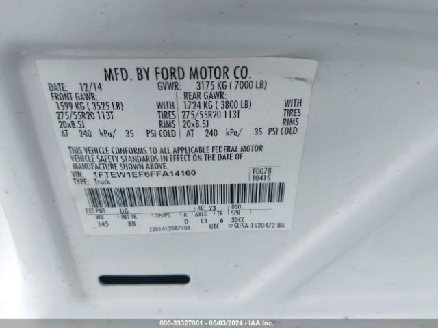1FTEW1EF6FFA14160 Ford F-150 Platinum