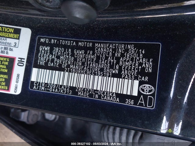 Toyota Corolla S Premium 2014 2T1BURHE9EC195191 Image 9