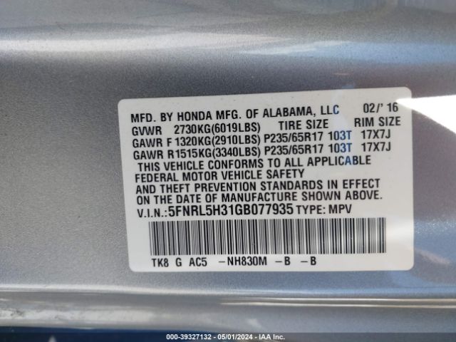 5FNRL5H31GB077935 Honda ODYSSEY SE