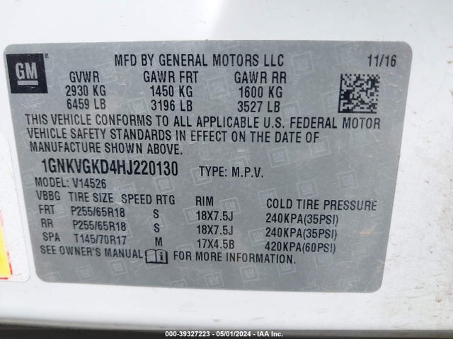 Chevrolet Traverse 1lt 2017 1GNKVGKD4HJ220130 Image 9