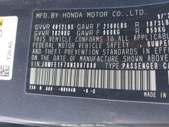Honda CIVIC EX 2022 JHMFE1F78NX007880 Image 9