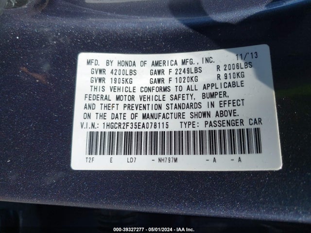 Honda ACCORD LX 2014 1HGCR2F35EA078115 Image 9