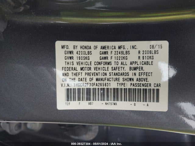 Honda ACCORD LX 2015 1HGCR2F30FA265831 Image 9