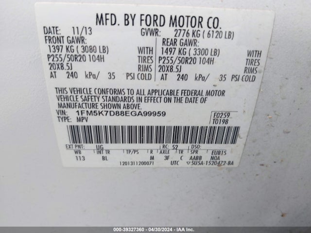 Ford EXPLORER XLT 2014 1FM5K7D88EGA99959 Image 9