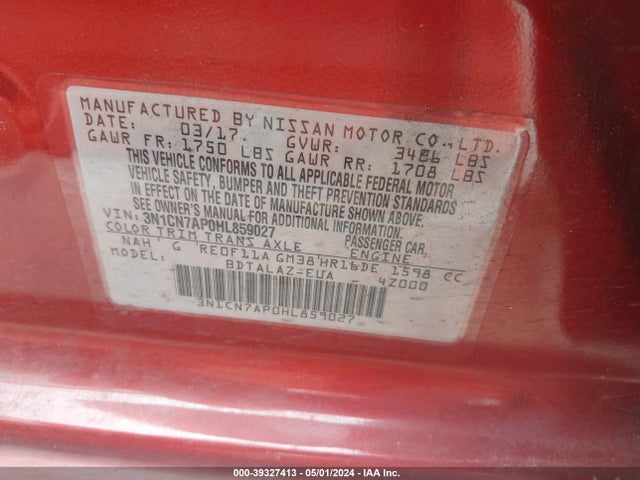 Nissan Versa 1.6 S+ 2017 3N1CN7AP0HL859027 Image 9