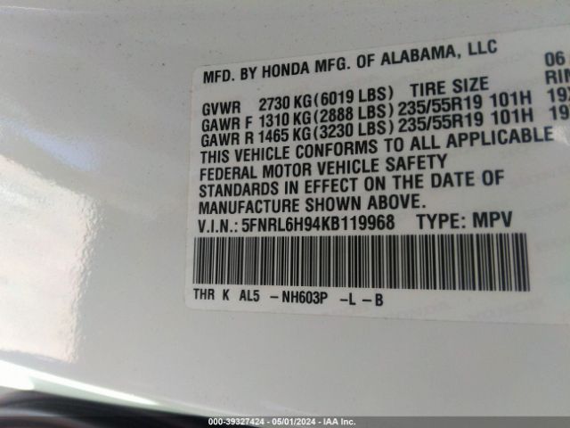 5FNRL6H94KB119968 Honda Odyssey Elite