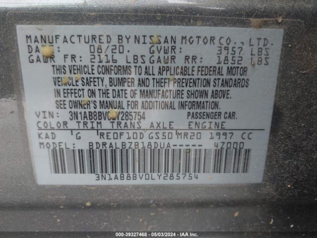 3N1AB8BV0LY285754 Nissan Sentra S Xtronic Cvt