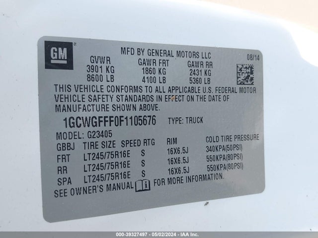 Chevrolet Express 2500 Work Van 2015 1GCWGFFF0F1105676 Image 9