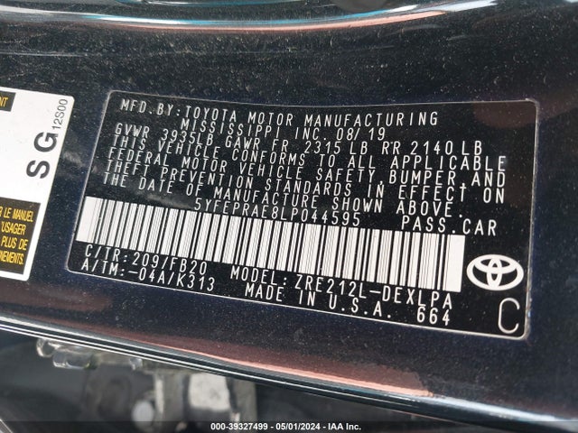 Toyota COROLLA LE 2020 5YFEPRAE8LP044595 Image 9