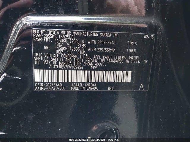 Toyota Rav4 Limited 2015 2T3YFREV7FW169494 Image 9