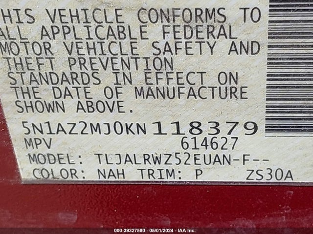 Nissan MURANO SL 2019 5N1AZ2MJ0KN118379 Image 9