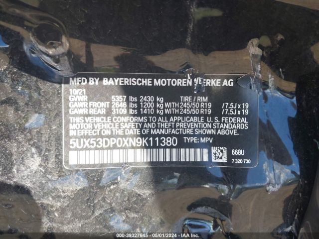 5UX53DP0XN9K11380 BMW X3 Xdrive30i