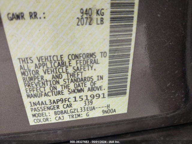 Nissan Altima 2.5 S 2015 1N4AL3AP9FC151991 Image 9