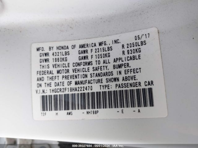 1HGCR2F18HA222470 Honda Accord Sport Se