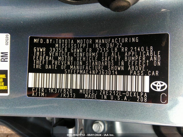 Toyota COROLLA LE 2022 5YFEPMAE4NP363014 Image 9
