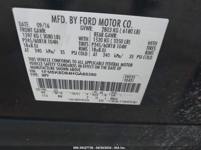 Ford EXPLORER XLT 2017 1FM5K8D84HGA85390 Image 9
