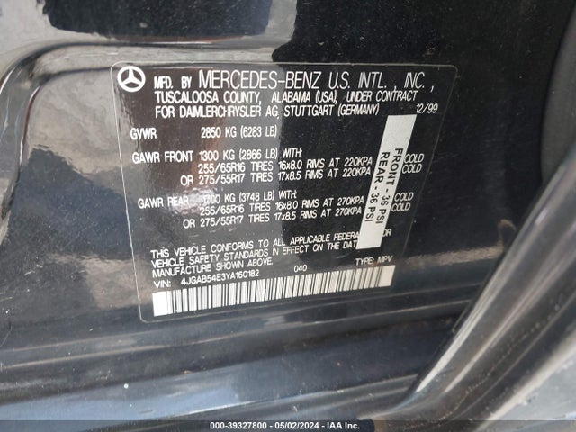 2000 Mercedes-benz Ml 320 მანქანა იყიდება აუქციონზე, vin: 4JGAB54E3YA160182, აუქციონის ნომერი: 39327800