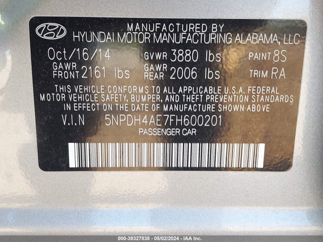 Hyundai ELANTRA SE 2015 5NPDH4AE7FH600201 Image 9