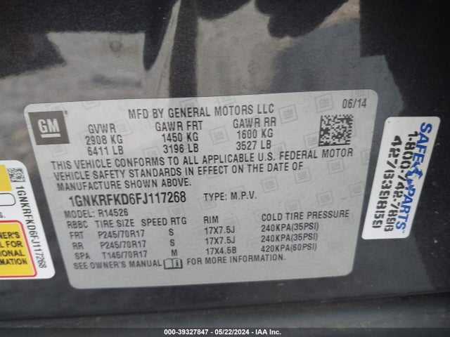 Chevrolet Traverse Ls 2015 1GNKRFKD6FJ117268 Image 9