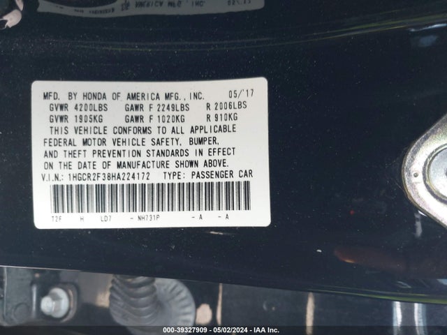 Honda ACCORD LX 2017 1HGCR2F38HA224172 Image 9