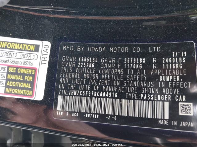 JHMZC5F37KC004916 Honda Clarity Plug-in Hybrid Touring