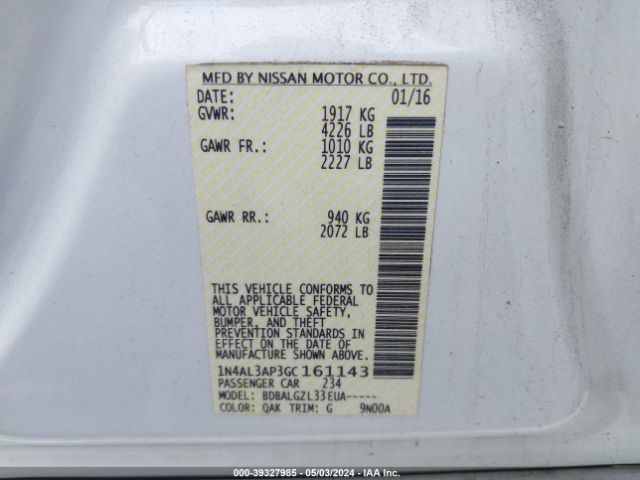 1N4AL3AP3GC161143 Nissan Altima 2.5/2.5 S/2.5 Sl/2.5 Sr/2.5 Sv