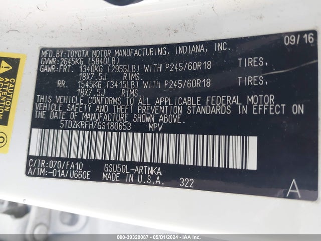 Toyota Highlander Le Plus V6 2016 5TDZKRFH7GS180653 Image 9