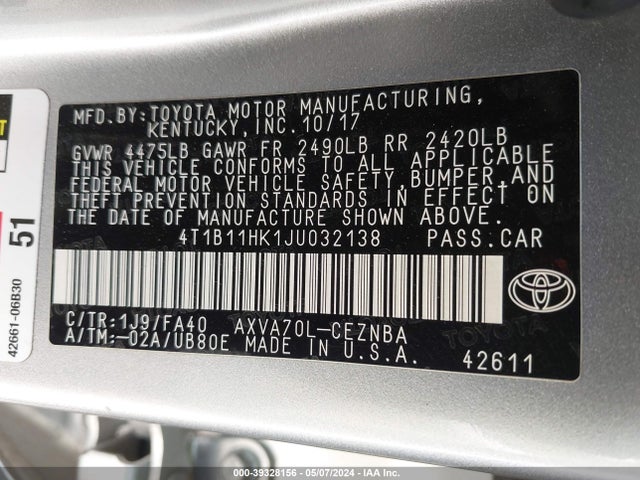 Toyota CAMRY LE 2018 4T1B11HK1JU032138 Image 9