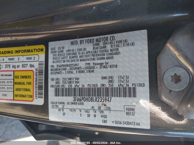 Ford FUSION SE 2020 3FA6P0HD8LR235947 Image 9