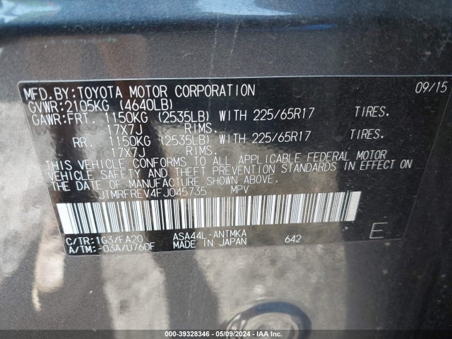 Toyota Rav4 Xle 2015 JTMRFREV4FJ045735 Image 9