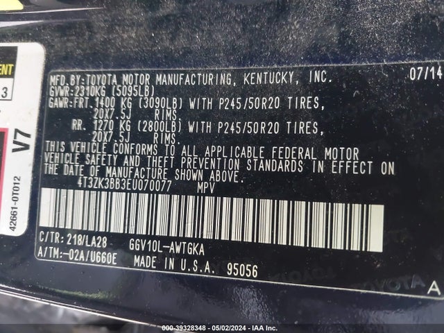 Toyota Venza Xle V6 2014 4T3ZK3BB3EU070077 Image 9