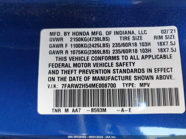 Honda Cr-v Awd Ex 2021 7FARW2H54ME008700 Image 9