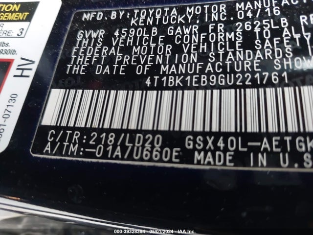 Toyota AVALON XLE 2016 4T1BK1EB9GU221761 Image 9