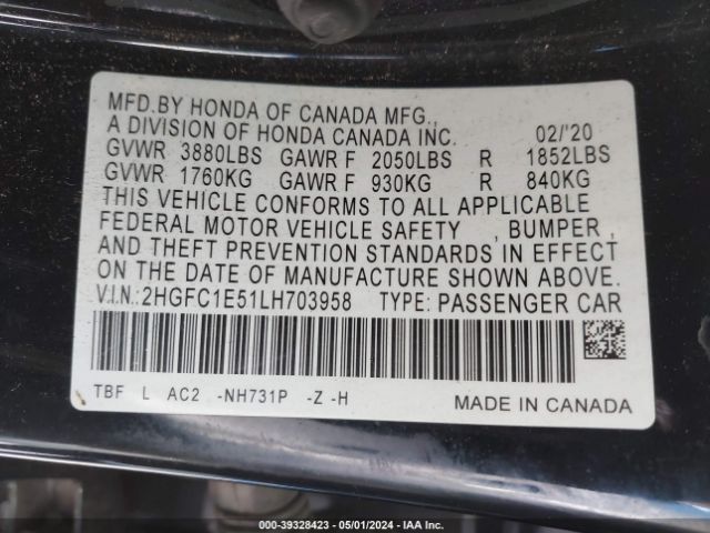 2HGFC1E51LH703958 Honda CIVIC SI SEDAN