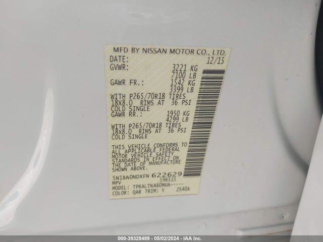 Nissan ARMADA SV 2015 5N1BA0NDXFN622629 Image 9