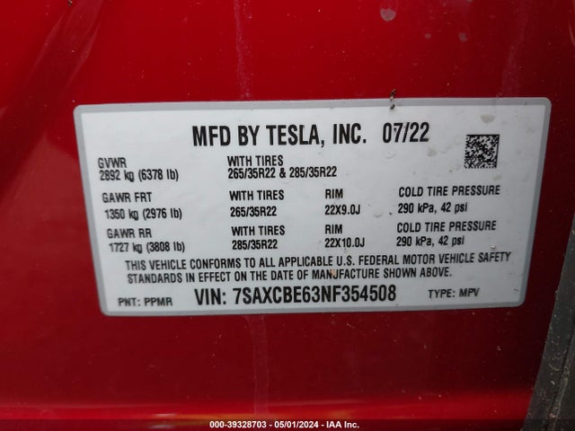 7SAXCBE63NF354508 Tesla Model X Plaid Tri Motor All-wheel Drive