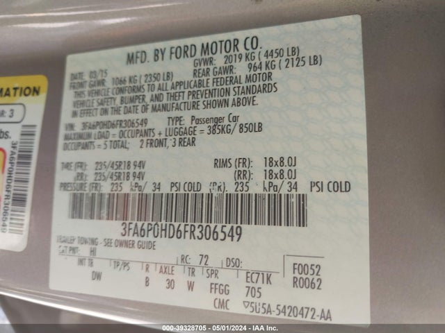 Ford FUSION SE 2015 3FA6P0HD6FR306549 Image 9