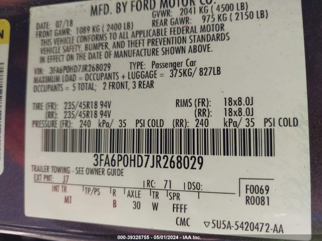 Ford FUSION SE 2018 3FA6P0HD7JR268029 Image 9