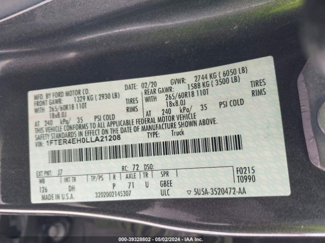 1FTER4EH0LLA21208 Ford Ranger Lariat