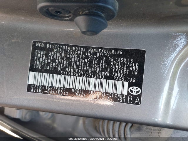 Toyota COROLLA LE 2018 5YFBURHE2JP743543 Image 9