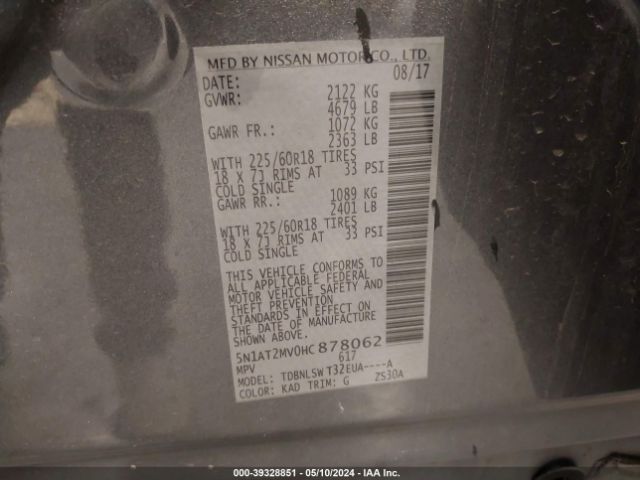 5N1AT2MV0HC878062 Nissan Rogue Sl