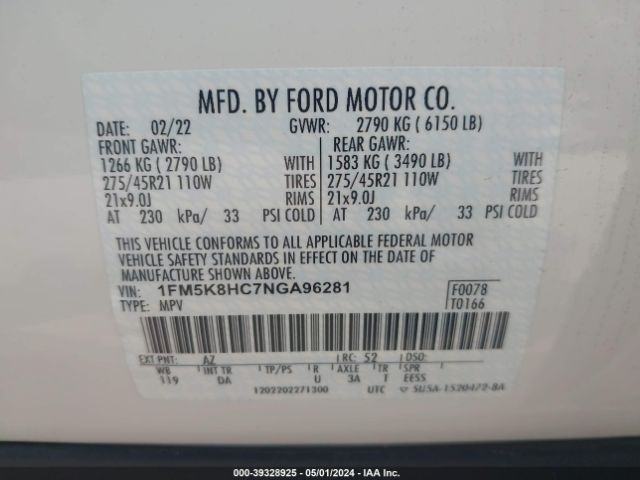 1FM5K8HC7NGA96281 Ford Explorer Platinum