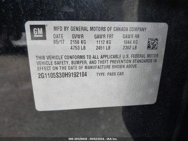 Chevrolet IMPALA 1LT 2017 2G1105S30H9192104 Image 9