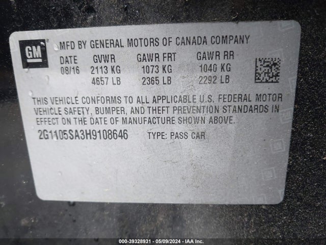 Chevrolet IMPALA 1LT 2017 2G1105SA3H9108646 Image 9