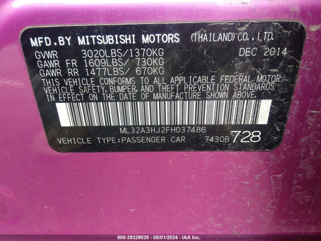 Mitsubishi Mirage De/rf 2015 ML32A3HJ2FH037486 Image 9