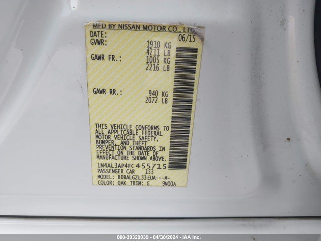 Nissan Altima 2.5 S 2015 1N4AL3AP4FC455715 Image 9