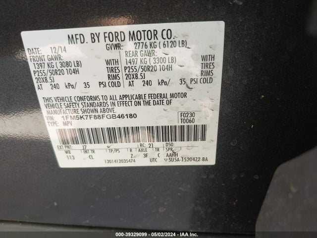 Ford Explorer Limited 2015 1FM5K7F88FGB46180 Image 9