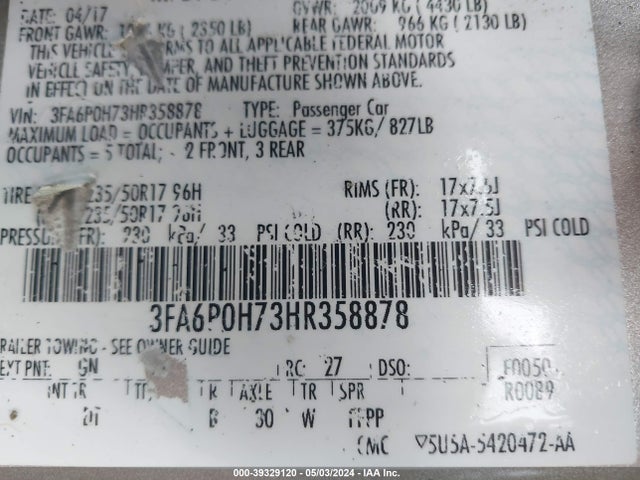 Ford FUSION SE 2017 3FA6P0H73HR358878 Image 9