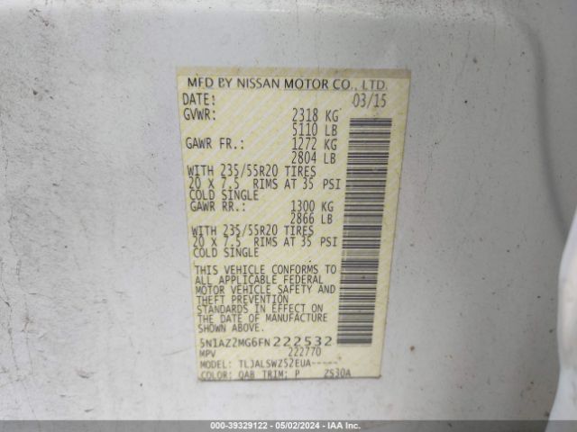 5N1AZ2MG6FN222532 Nissan Murano Platinum